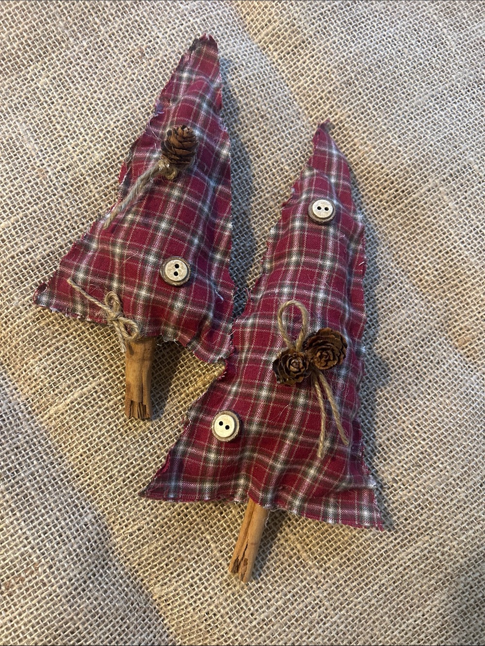 Handmade Plaid Fabric Tree Pair - Rustic Red Home Accent